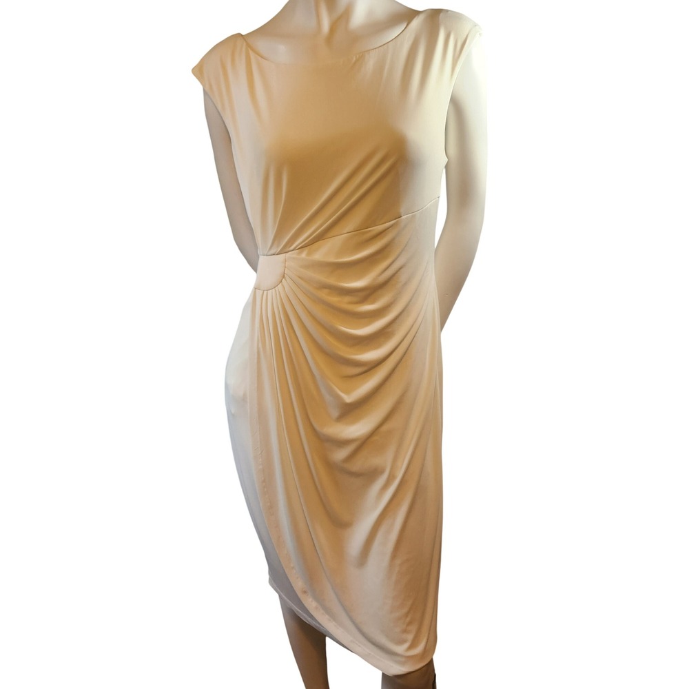 Connected Apparel Ivory Draped Faux Wrap Sheath Dress Size 12 Cream Sleeveless‎